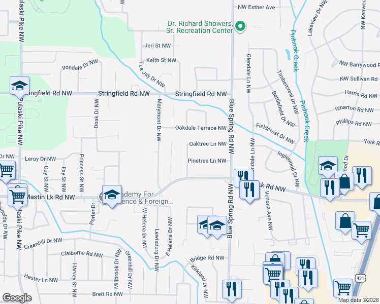 map of restaurants, bars, coffee shops, grocery stores, and more near 2723 Oaktree Lane Northwest in Huntsville