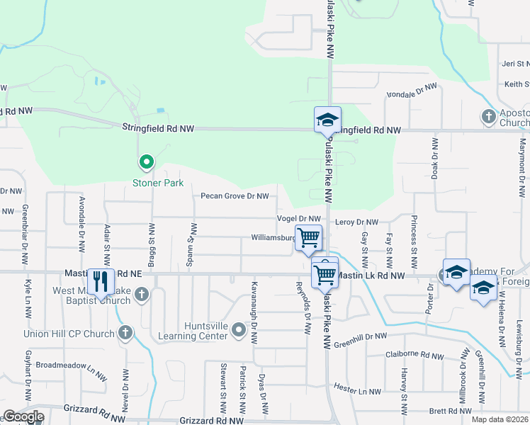 map of restaurants, bars, coffee shops, grocery stores, and more near 3702 Vogel Drive Northwest in Huntsville