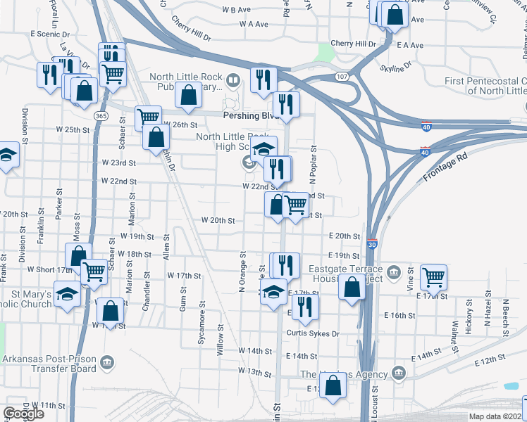 map of restaurants, bars, coffee shops, grocery stores, and more near 2102 Maple Street in North Little Rock