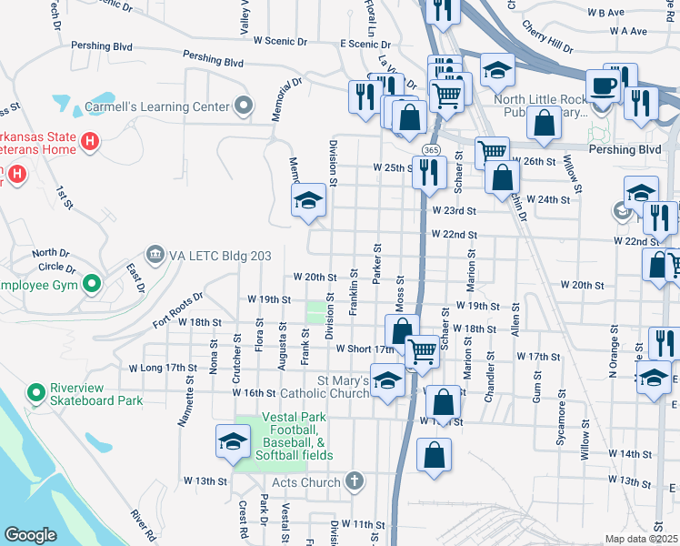 map of restaurants, bars, coffee shops, grocery stores, and more near 1501 West 20th Street in North Little Rock