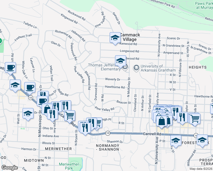 map of restaurants, bars, coffee shops, grocery stores, and more near 6608 Hawthorne Road in Little Rock
