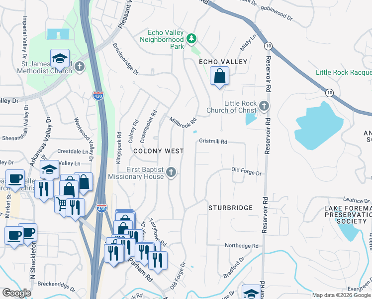 map of restaurants, bars, coffee shops, grocery stores, and more near 2402 Grist Mill Road in Little Rock