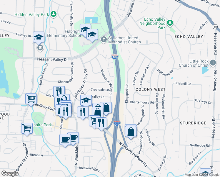 map of restaurants, bars, coffee shops, grocery stores, and more near 10600 Crestdale Lane in Little Rock