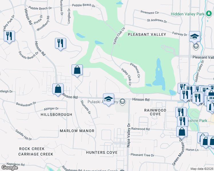 map of restaurants, bars, coffee shops, grocery stores, and more near 29 Cascades Drive in Little Rock