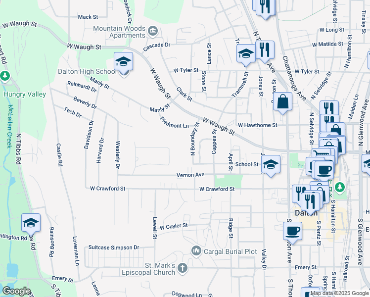 map of restaurants, bars, coffee shops, grocery stores, and more near 297 North Boundary Street in Dalton