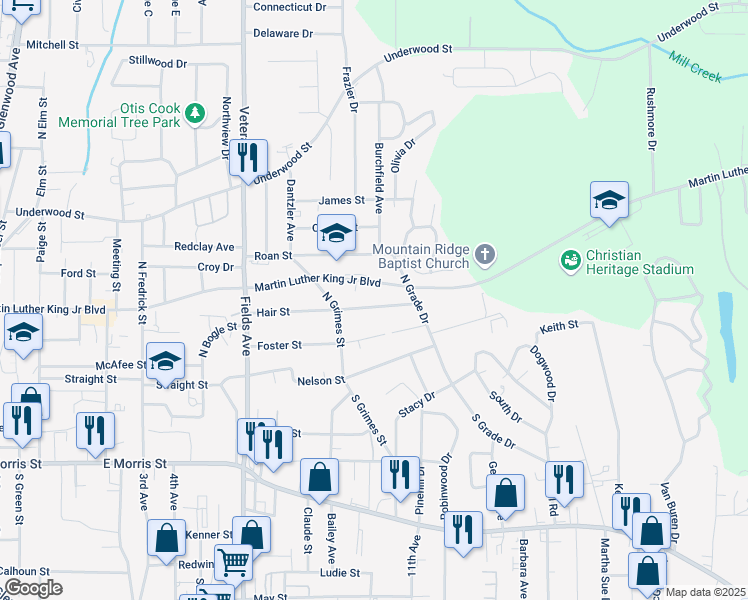 map of restaurants, bars, coffee shops, grocery stores, and more near 1211 Hair Street in Dalton