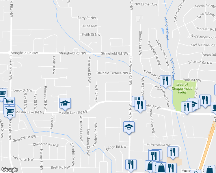 map of restaurants, bars, coffee shops, grocery stores, and more near 2723 Oaktree Ln NW in Huntsville