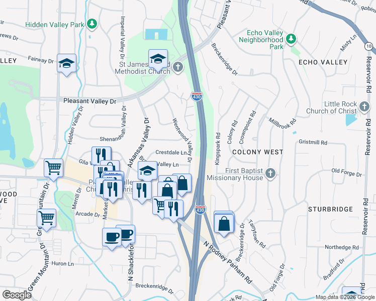 map of restaurants, bars, coffee shops, grocery stores, and more near 10600 Crestdale Lane in Little Rock