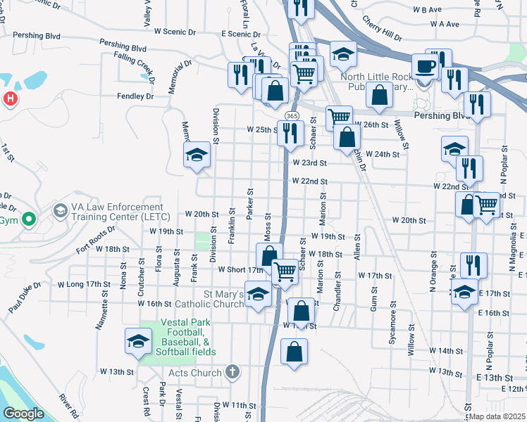 map of restaurants, bars, coffee shops, grocery stores, and more near 2003 Moss Street in North Little Rock