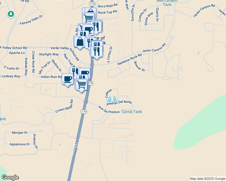 map of restaurants, bars, coffee shops, grocery stores, and more near 225 Colinas in Sedona