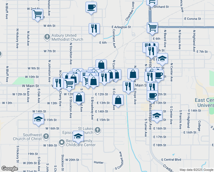 map of restaurants, bars, coffee shops, grocery stores, and more near 211 East Main in Ada