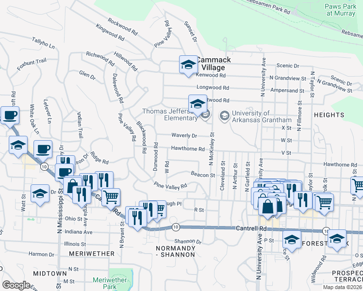 map of restaurants, bars, coffee shops, grocery stores, and more near 6608 Hawthorne Road in Little Rock
