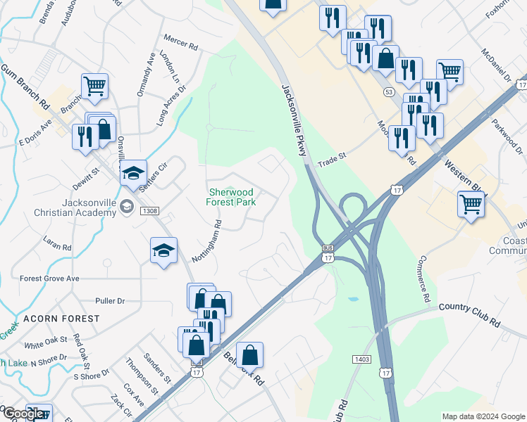 map of restaurants, bars, coffee shops, grocery stores, and more near 203 King Richard Court in Jacksonville