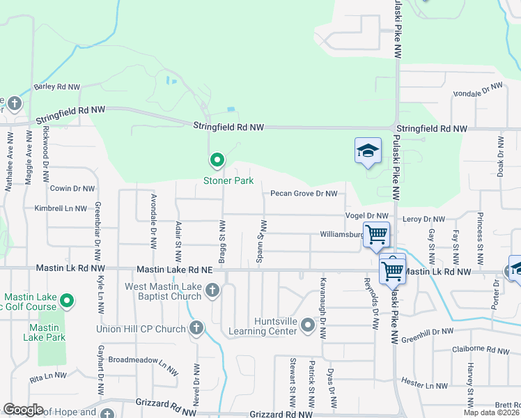 map of restaurants, bars, coffee shops, grocery stores, and more near 3900 Vogel Drive Northwest in Huntsville