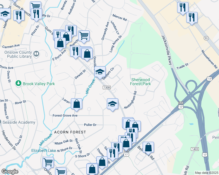 map of restaurants, bars, coffee shops, grocery stores, and more near 2 Azalea Gardens Apartments in Jacksonville