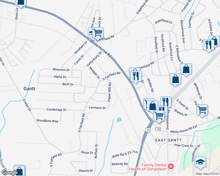 map of restaurants, bars, coffee shops, grocery stores, and more near 5 Paper Mill Road in Greenville