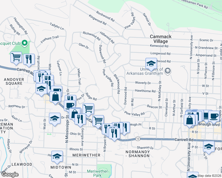 map of restaurants, bars, coffee shops, grocery stores, and more near 1000 Pine Valley Road in Little Rock