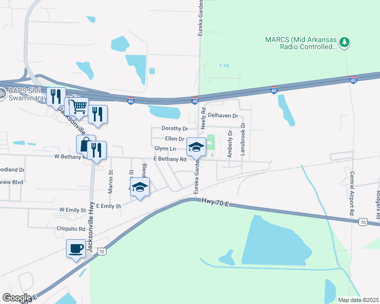 map of restaurants, bars, coffee shops, grocery stores, and more near 700 Glynn Lane in North Little Rock