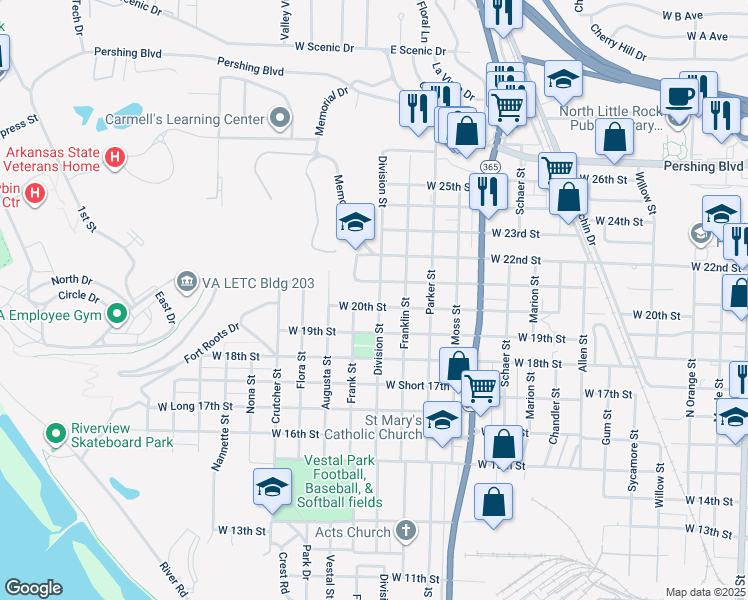 map of restaurants, bars, coffee shops, grocery stores, and more near 1501 West 20th Street in North Little Rock