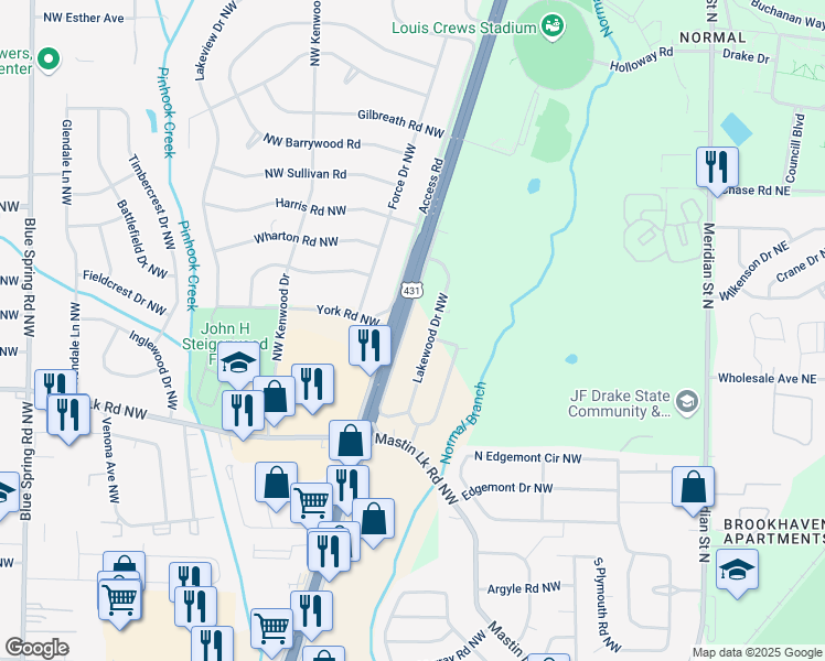 map of restaurants, bars, coffee shops, grocery stores, and more near 3800 North Memorial Parkway in Huntsville