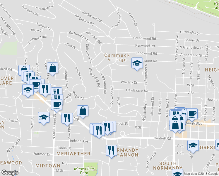 map of restaurants, bars, coffee shops, grocery stores, and more near 2400 Durwood Road in Little Rock