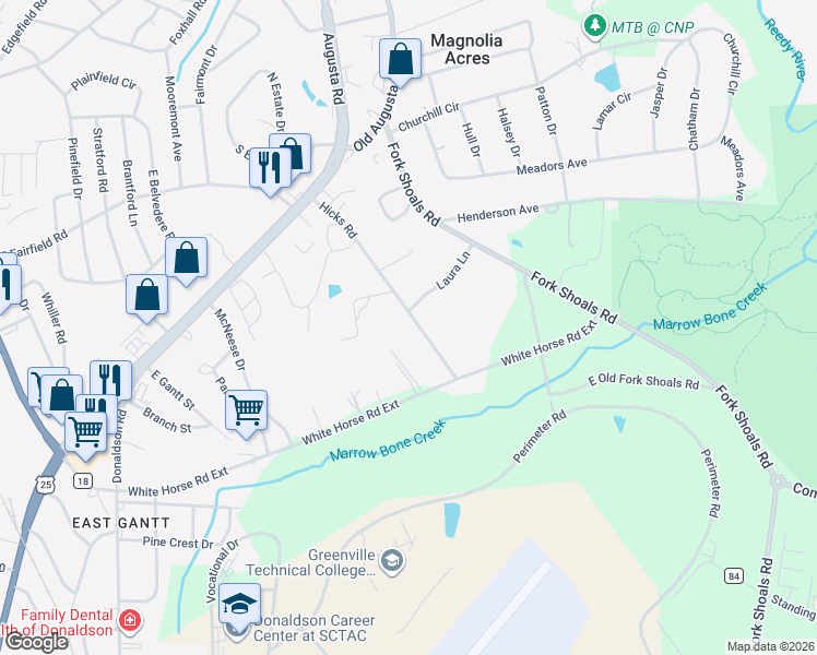 map of restaurants, bars, coffee shops, grocery stores, and more near 26 Hicks Road in Greenville