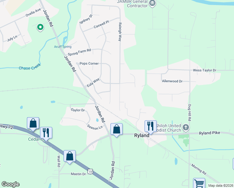 map of restaurants, bars, coffee shops, grocery stores, and more near 114 Raleigh Way in Huntsville