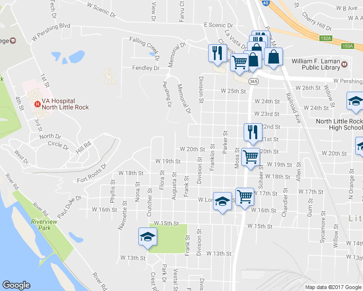 map of restaurants, bars, coffee shops, grocery stores, and more near 1617 West 20th Street in North Little Rock