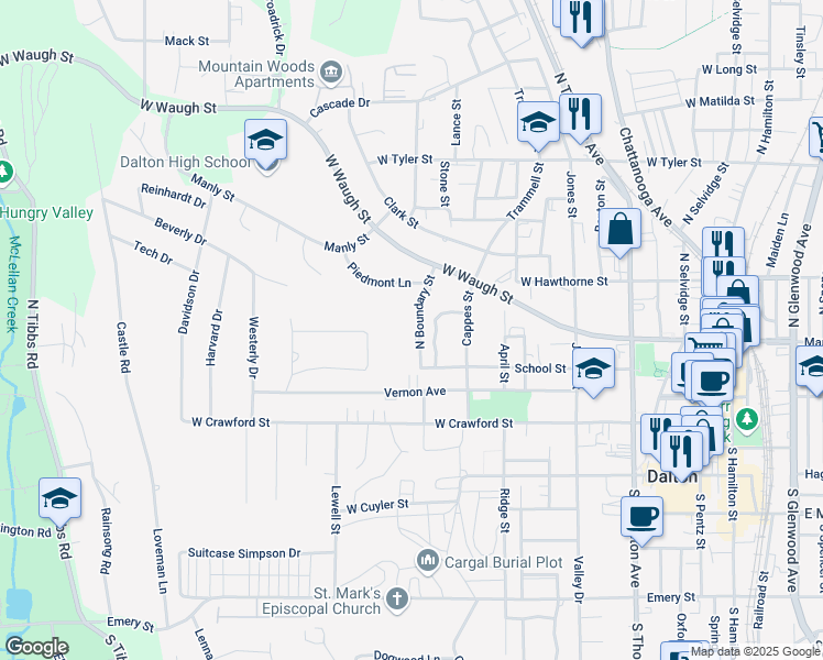 map of restaurants, bars, coffee shops, grocery stores, and more near 297 North Boundary Street in Dalton