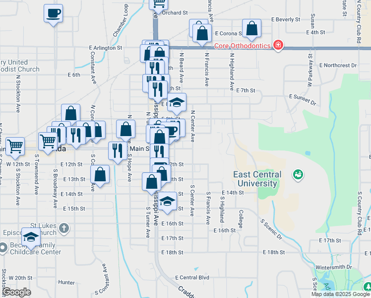 map of restaurants, bars, coffee shops, grocery stores, and more near 815 East Main in Ada