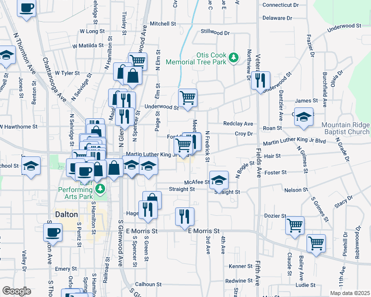 map of restaurants, bars, coffee shops, grocery stores, and more near 306 Rowena Street in Dalton