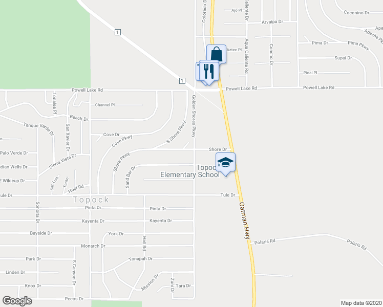 map of restaurants, bars, coffee shops, grocery stores, and more near 4994 E Shore Dr in Mohave