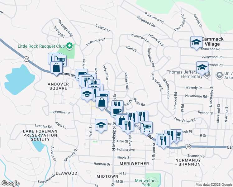map of restaurants, bars, coffee shops, grocery stores, and more near 21 White Oak Ln in Little Rock