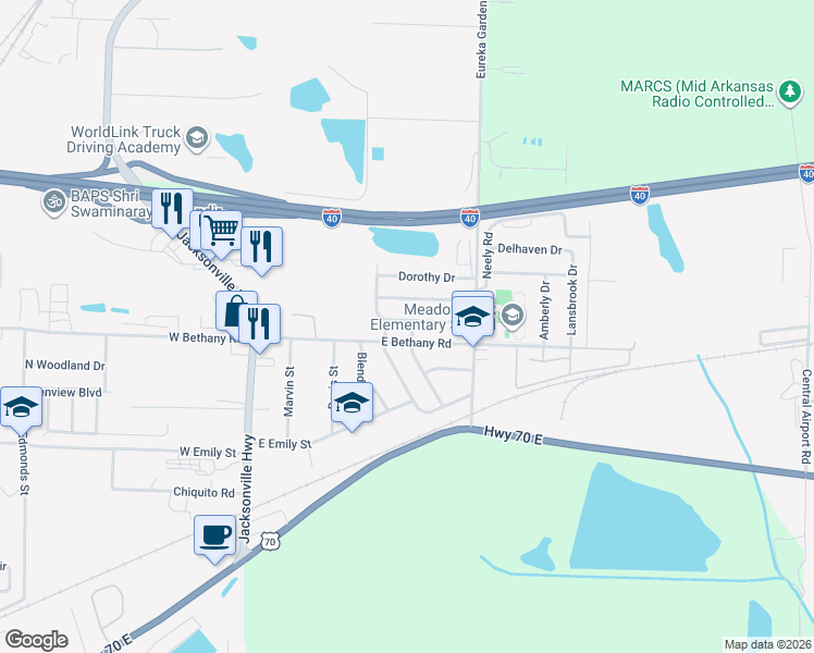 map of restaurants, bars, coffee shops, grocery stores, and more near 512 Glynn Lane in North Little Rock