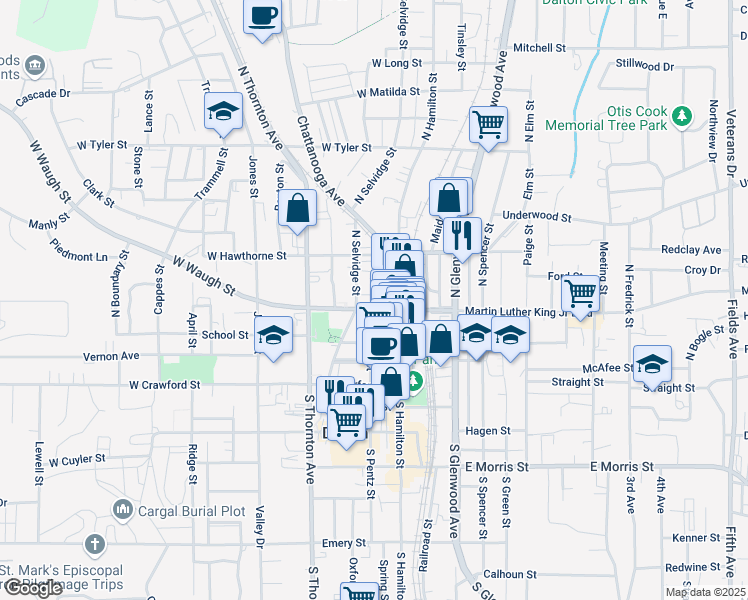 map of restaurants, bars, coffee shops, grocery stores, and more near 110 West Waugh Street in Dalton