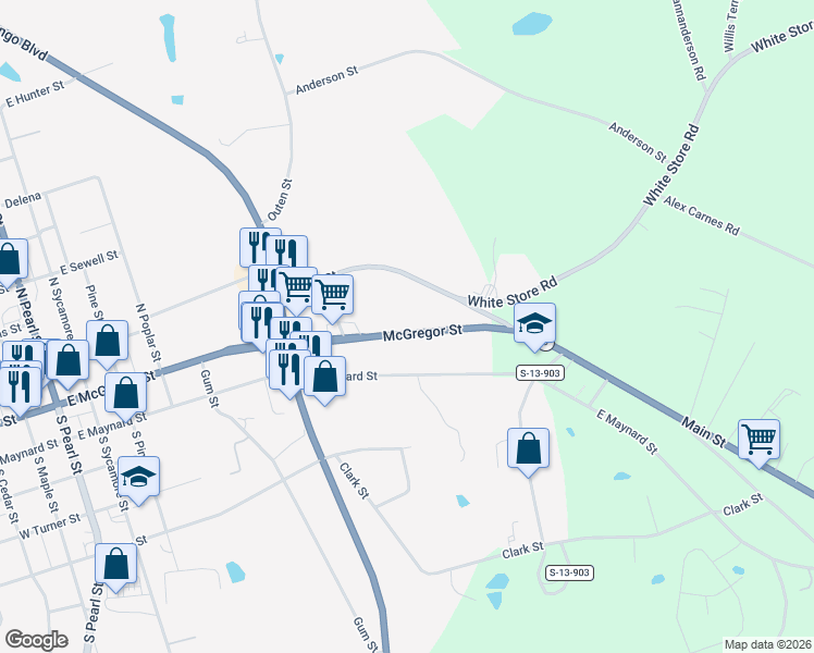map of restaurants, bars, coffee shops, grocery stores, and more near 913 McGregor Street in Pageland
