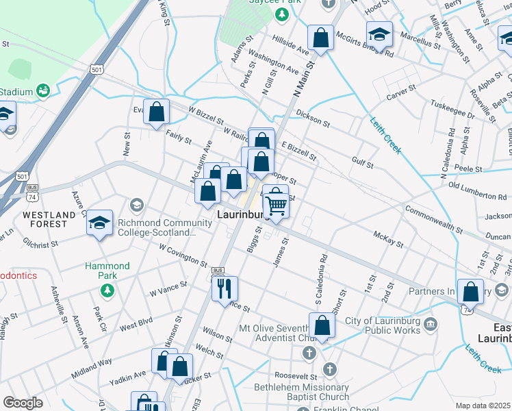 map of restaurants, bars, coffee shops, grocery stores, and more near 322 South Main Street in Laurinburg