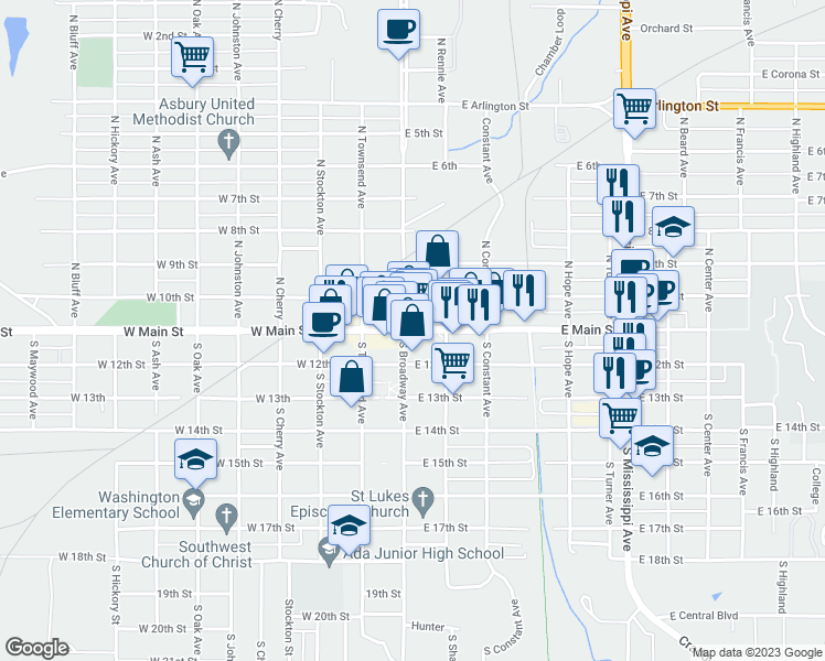 map of restaurants, bars, coffee shops, grocery stores, and more near 117-127 East Main Street in Ada