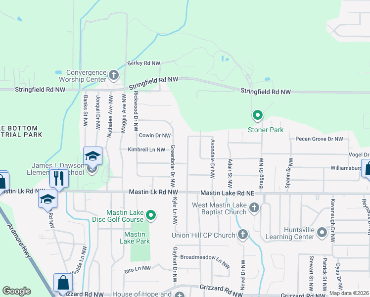map of restaurants, bars, coffee shops, grocery stores, and more near 3525 Rosedale Drive Northwest in Huntsville
