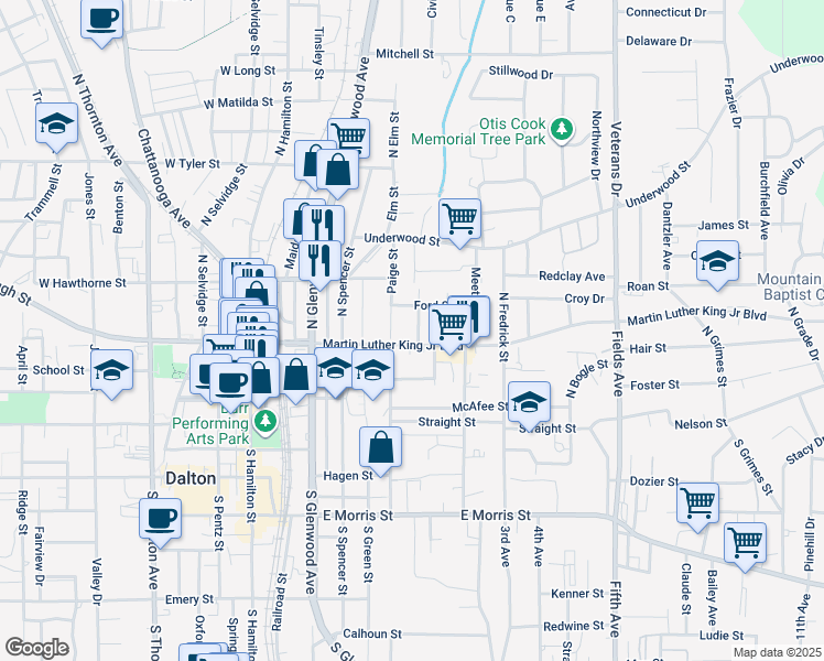map of restaurants, bars, coffee shops, grocery stores, and more near 305 Water Street in Dalton