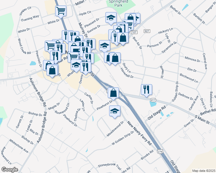 map of restaurants, bars, coffee shops, grocery stores, and more near State Frontage Road 1116 in Mauldin