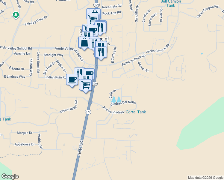 map of restaurants, bars, coffee shops, grocery stores, and more near 190 Colinas in Sedona