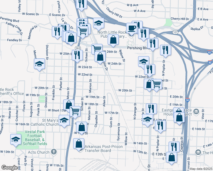 map of restaurants, bars, coffee shops, grocery stores, and more near 2020 Allen Street in North Little Rock