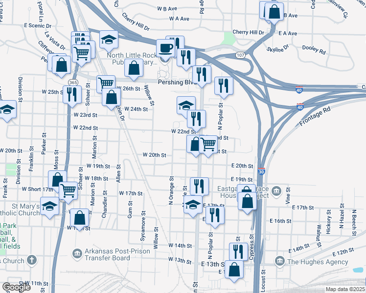 map of restaurants, bars, coffee shops, grocery stores, and more near 2105 Maple Street in North Little Rock
