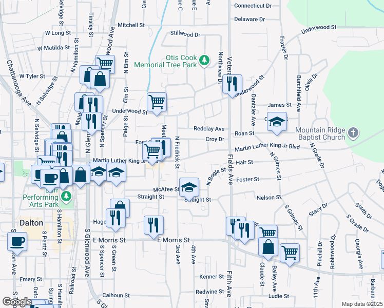 map of restaurants, bars, coffee shops, grocery stores, and more near 813 Martin Luther King Junior Boulevard in Dalton