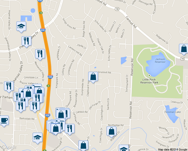 map of restaurants, bars, coffee shops, grocery stores, and more near 2402 Grist Mill Road in Little Rock