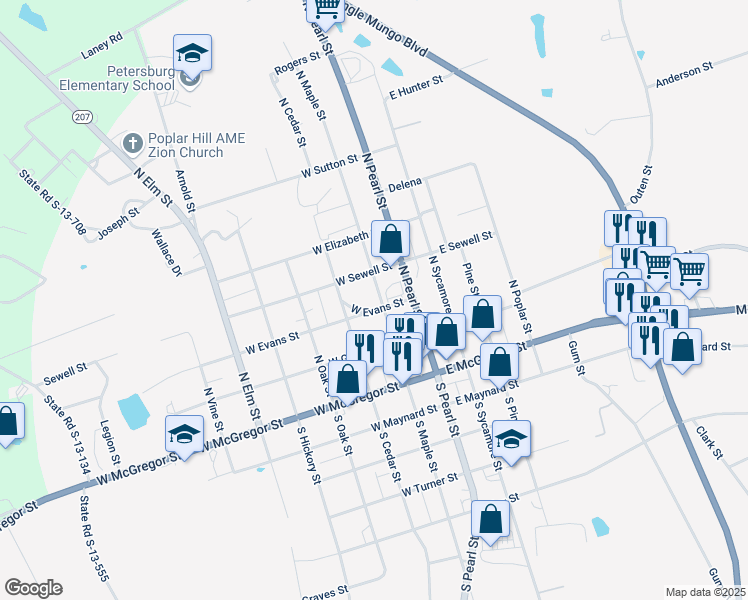 map of restaurants, bars, coffee shops, grocery stores, and more near 303 North Maple Street in Pageland