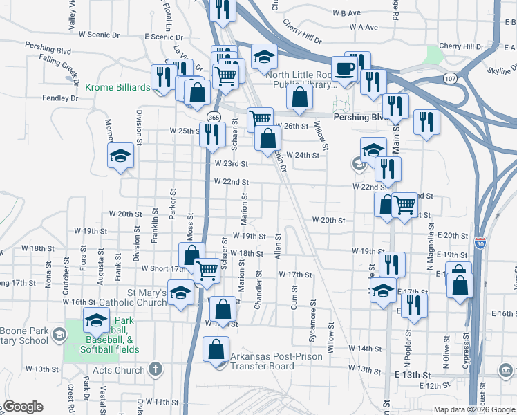 map of restaurants, bars, coffee shops, grocery stores, and more near 2019 Chandler Street in North Little Rock