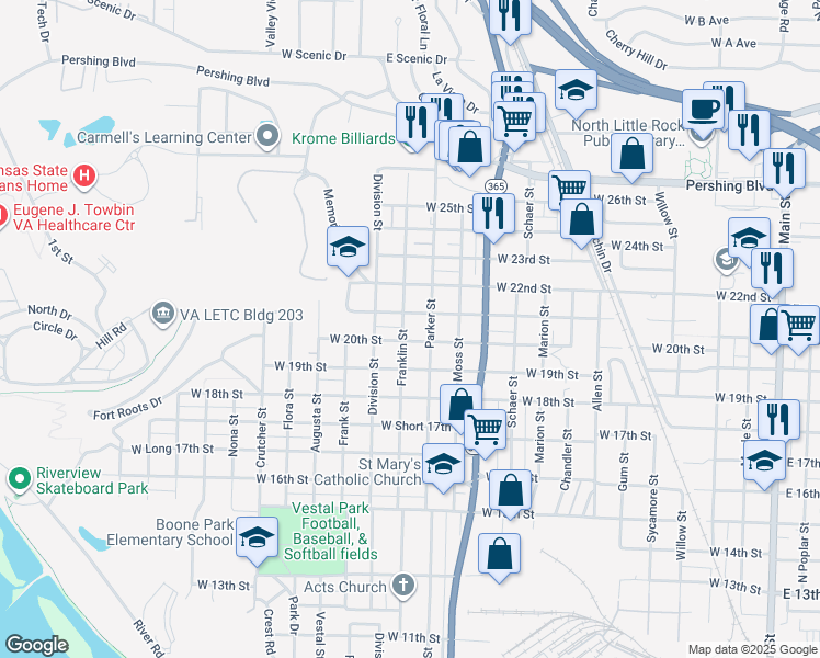 map of restaurants, bars, coffee shops, grocery stores, and more near 2008 Franklin Street in North Little Rock