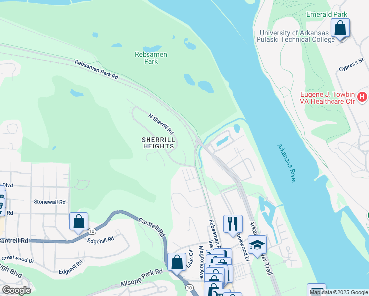 map of restaurants, bars, coffee shops, grocery stores, and more near 14 North Sherrill Road in Little Rock